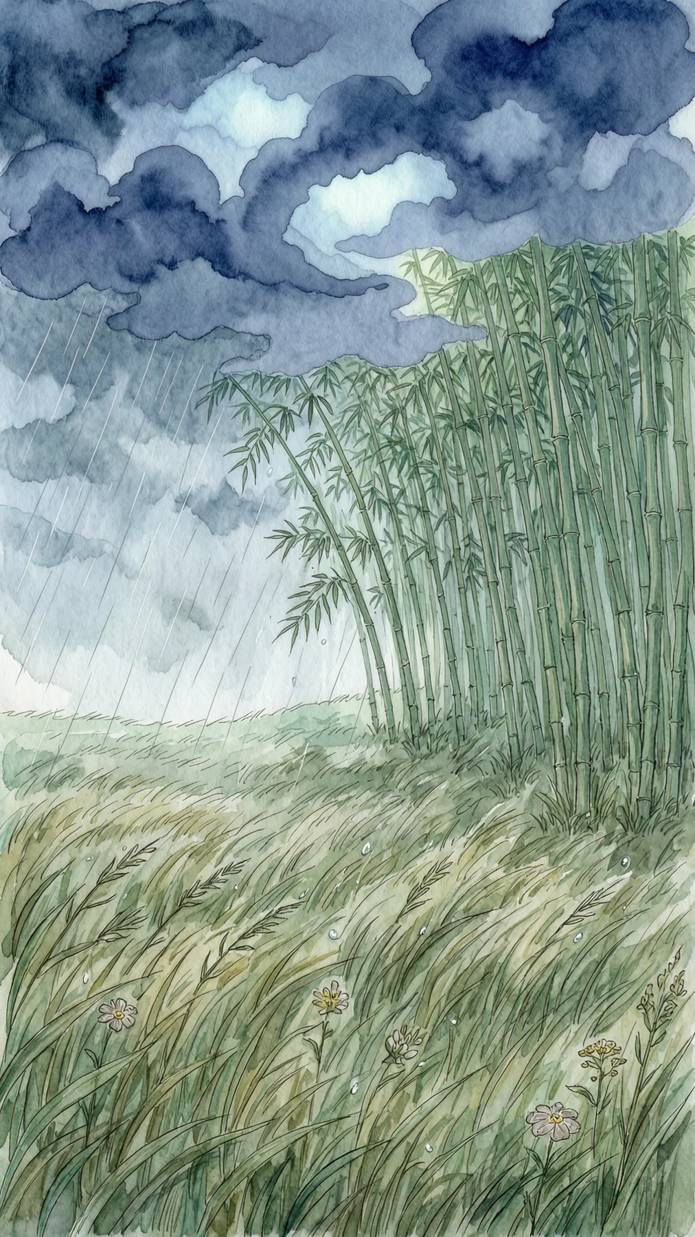 阵雨、竹林与花朵构成的诗意自然画面
