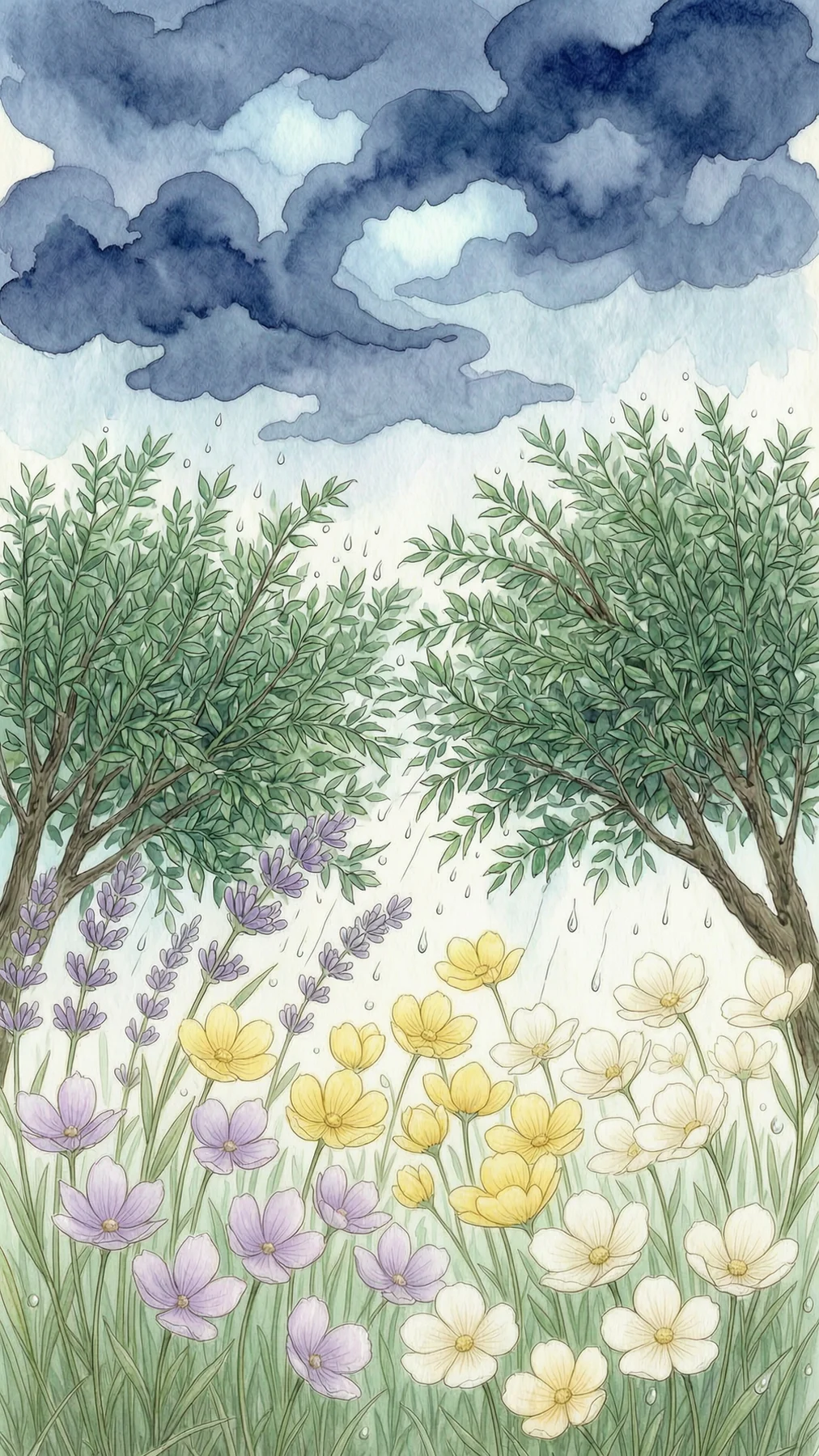 花朵向着星光和天空伸展的绘本画面