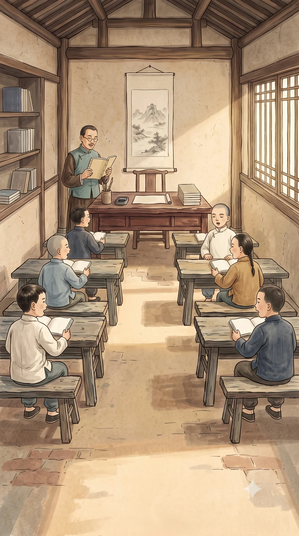 先生念书，学生在私塾课桌前整齐跟读