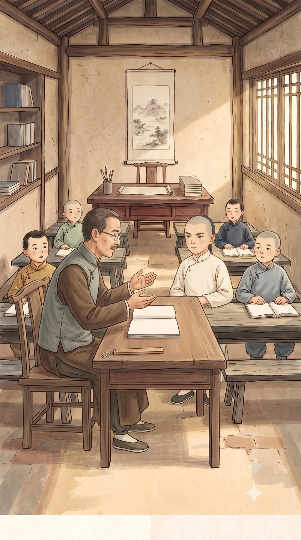 先生收起戒尺，围绕空白书页给学生讲解