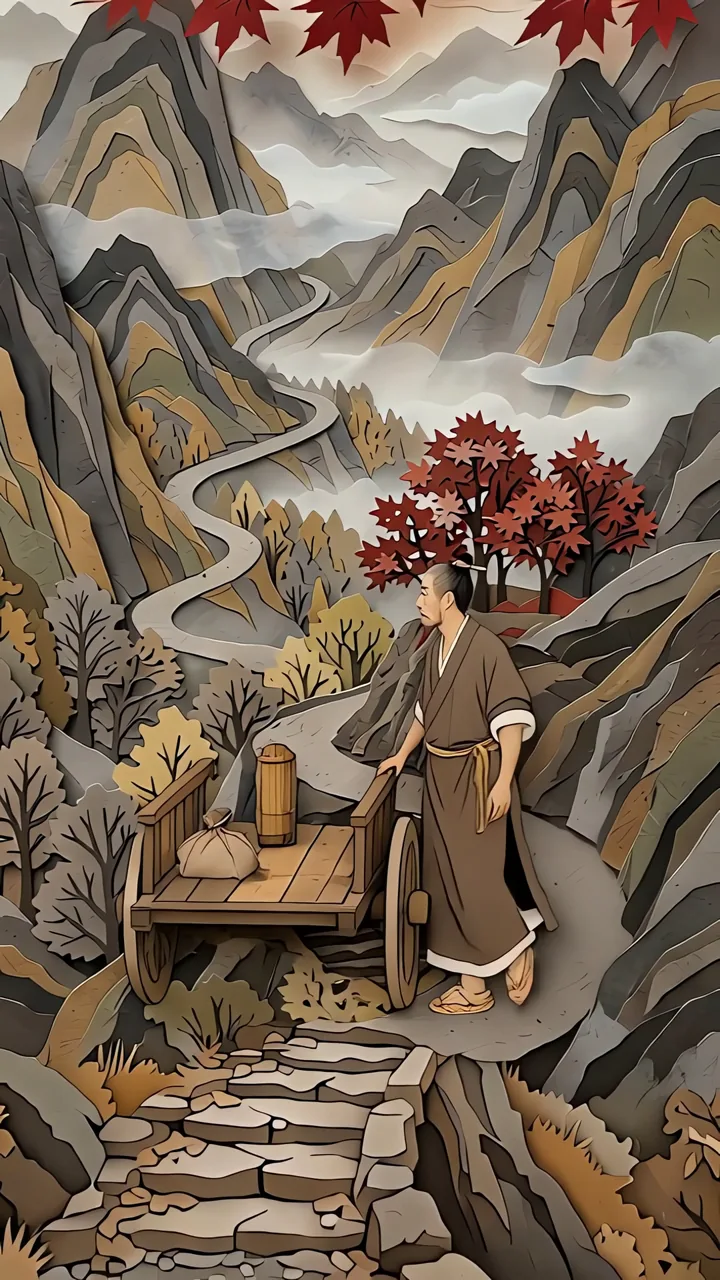 诗人停在木车旁，回望山道边的红枫