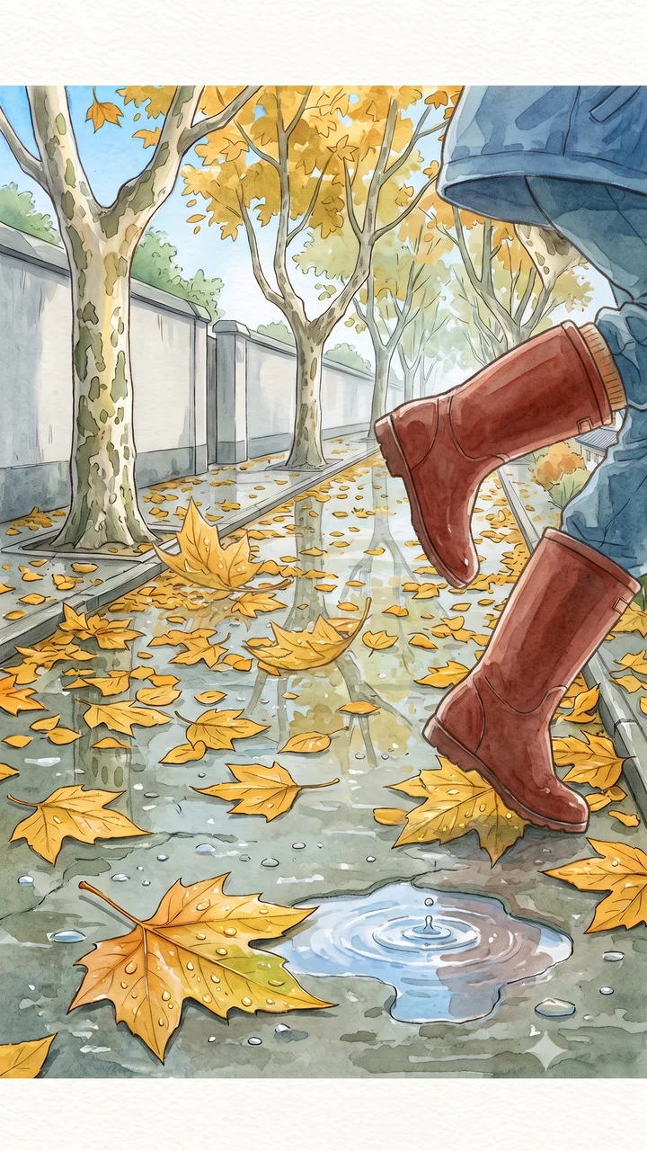 一只棕红雨靴轻轻踩在带水珠的落叶旁