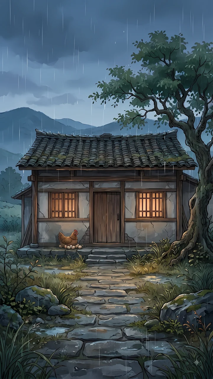雨中的老屋门前，老母鸡守着一窝蛋