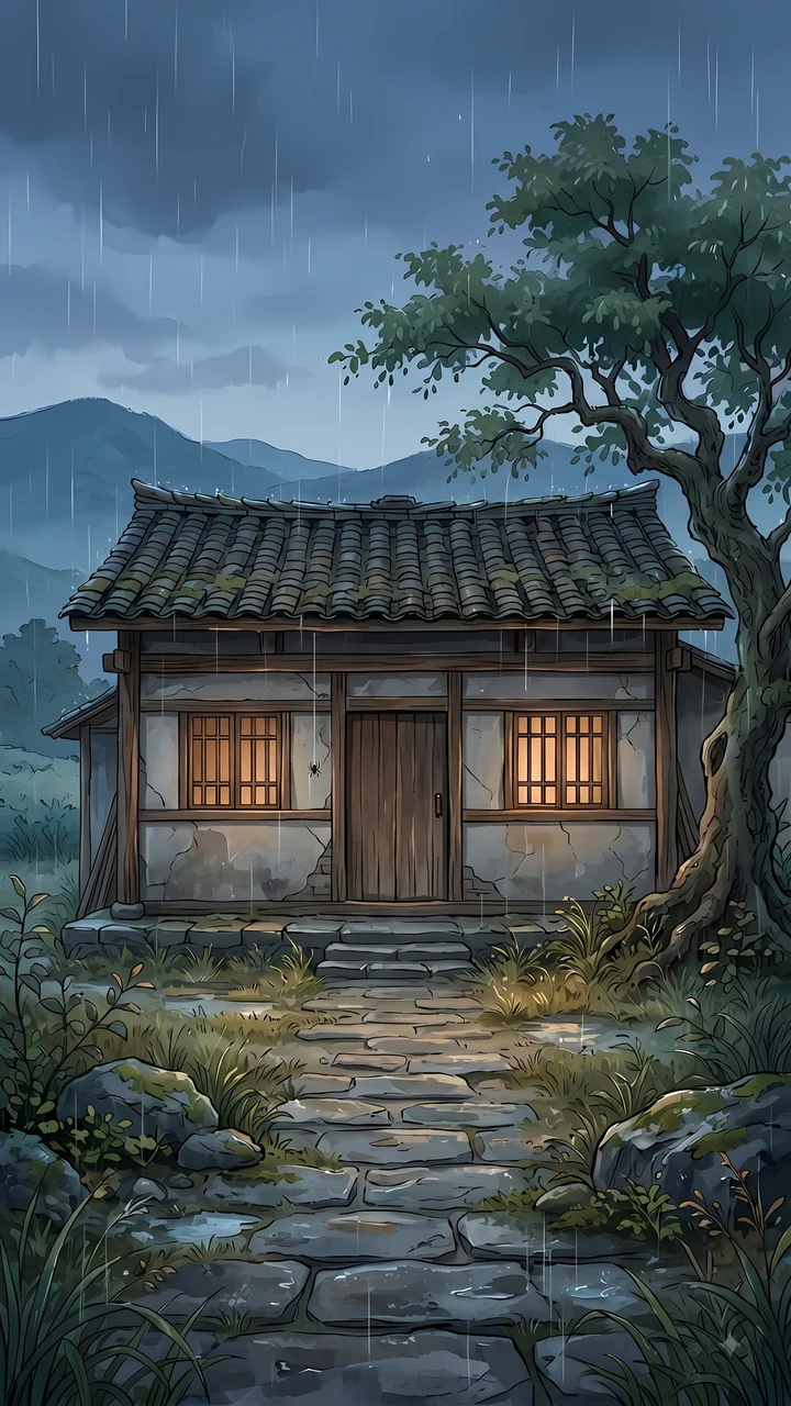 雨中的老屋墙边，一只小蜘蛛垂在门旁