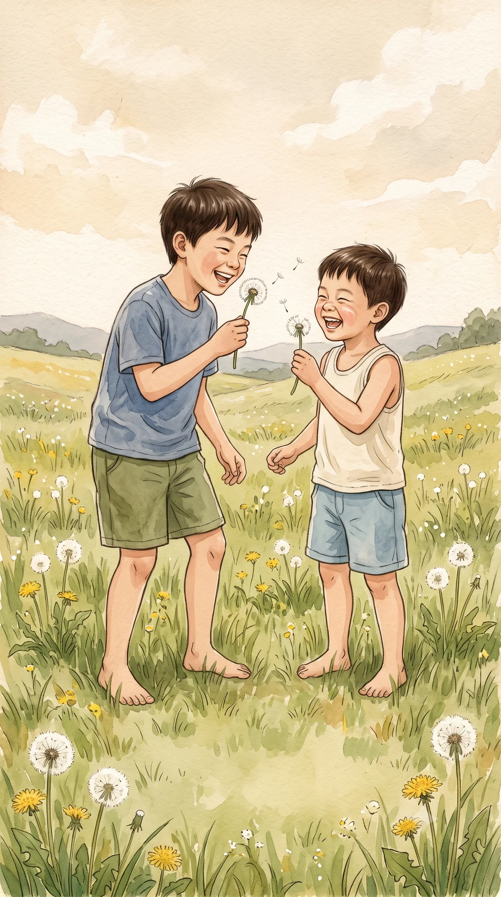 兄弟俩在草地上互相吹蒲公英茸毛