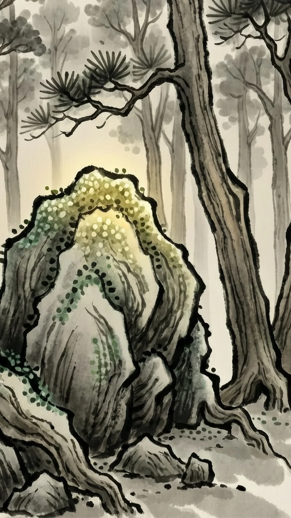 暖光照亮树根旁的青苔石头