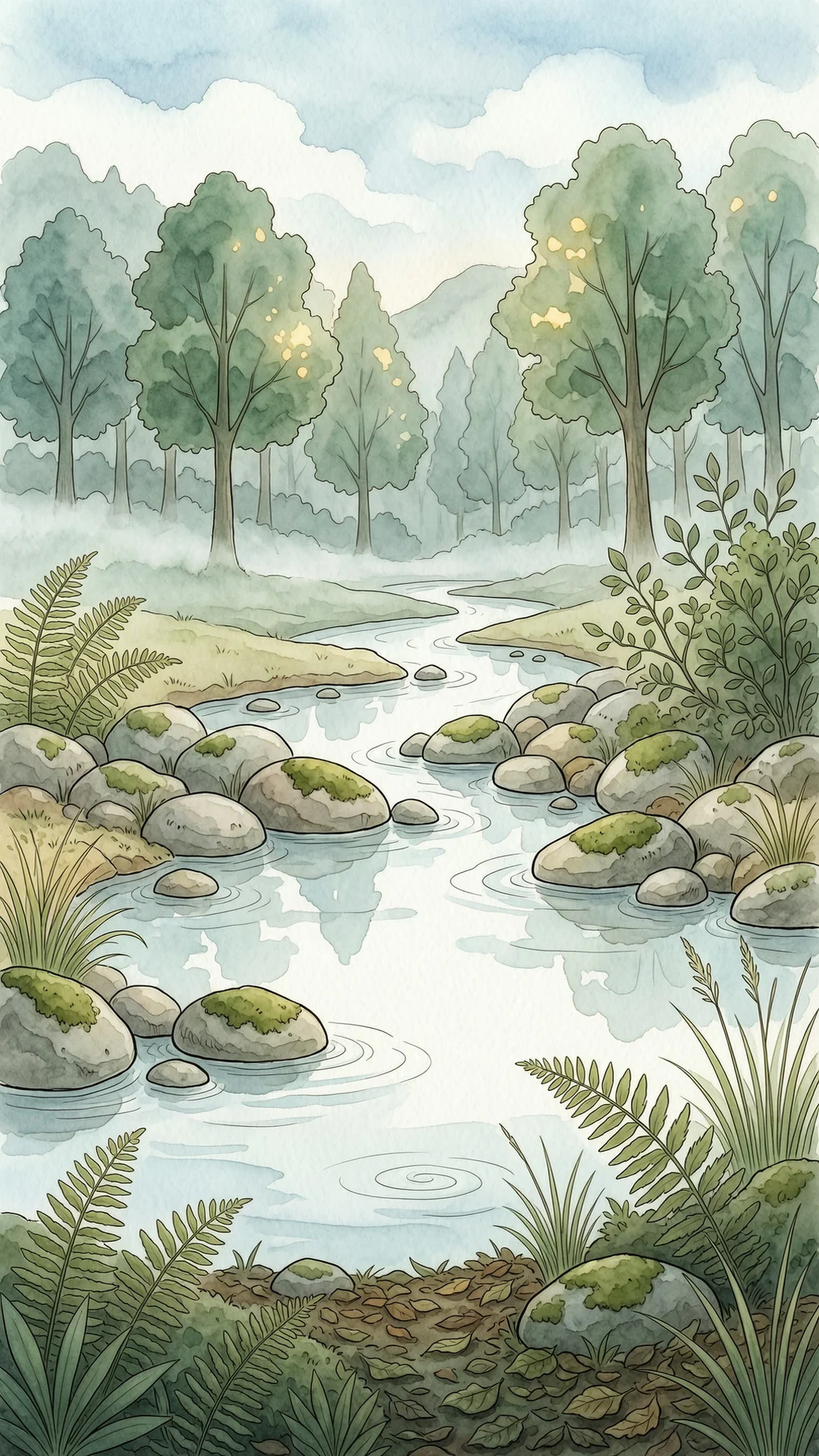 雨滴汇成溪流和河流，水彩画面表现从小曲到海洋合唱