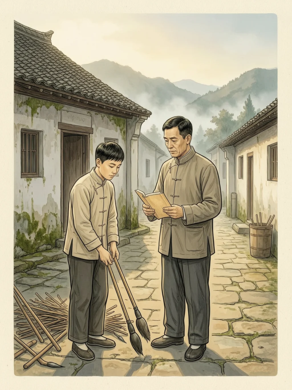 少年童第周一边做农活，一边跟父亲念书