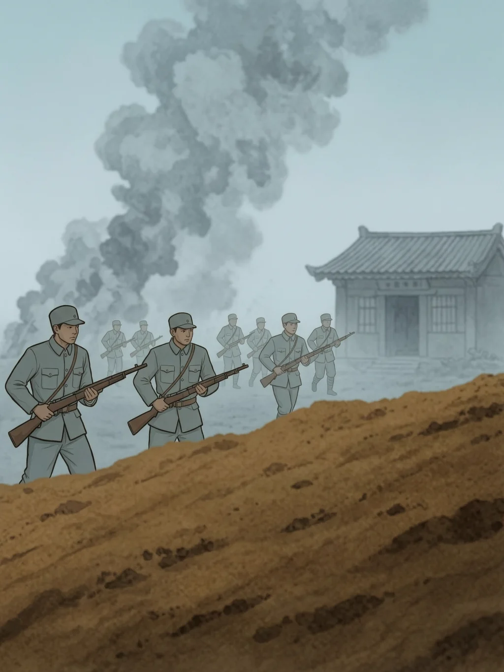 齐会战斗打响，战士们在烟尘中前进