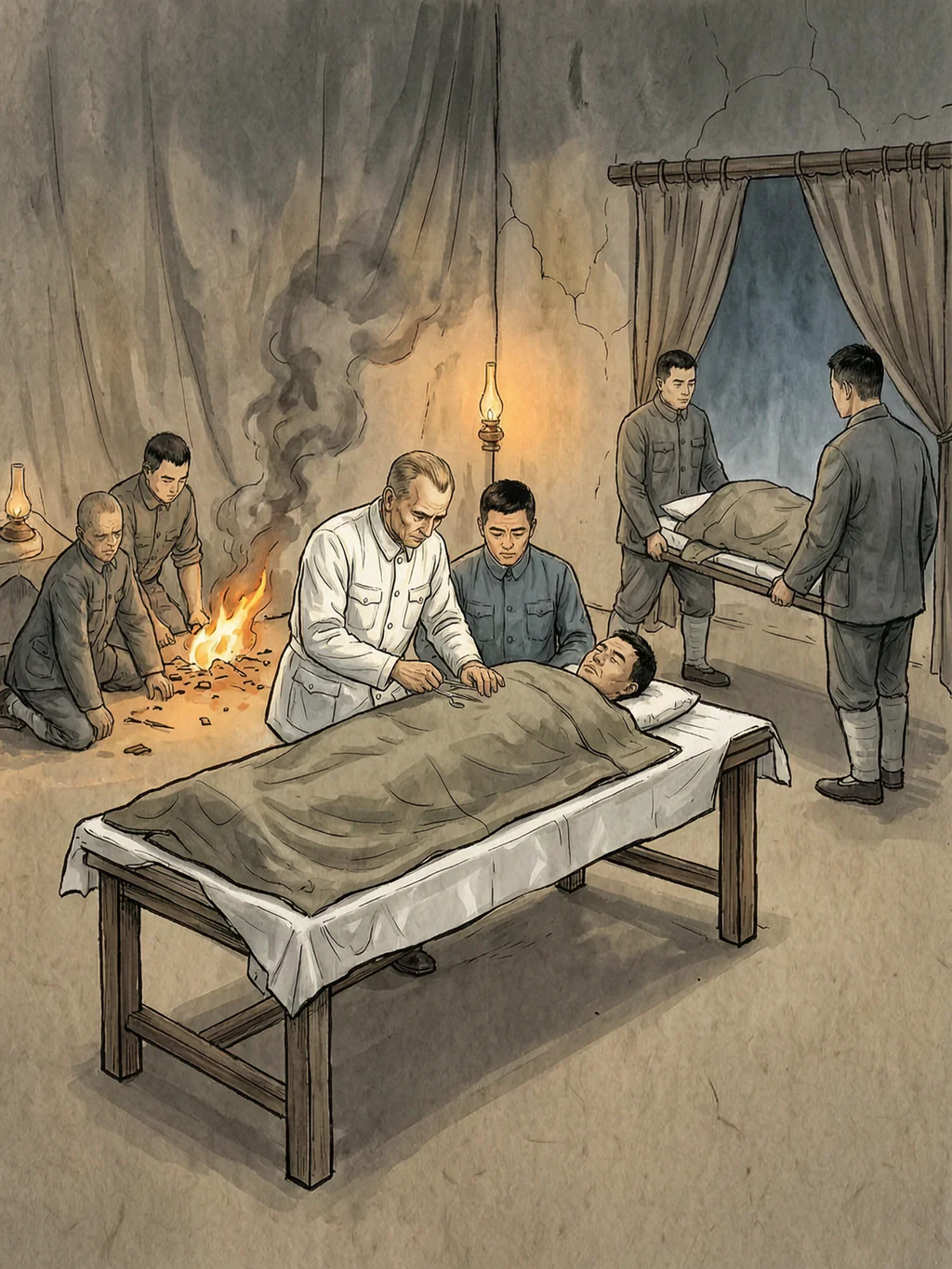 火情和转移伤员同时发生，白求恩仍在手术台旁工作