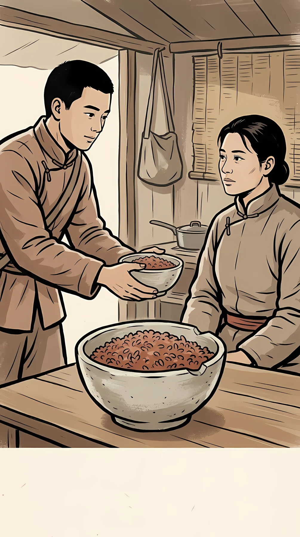 粗瓷大碗盛着满满的高粱米饭